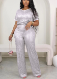 New Sequin Solid Color Short-sleeved Trousers Two-piece Suit