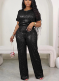 New Sequin Solid Color Short-sleeved Trousers Two-piece Suit
