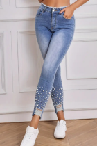 High Waist Elastic Pearl Ripped Tassel Fashion Denim Pants