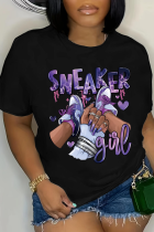 Black Large Size Digital Print Short Sleeve Crewneck T-Shirt