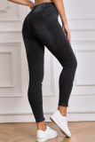 High Waist Elastic Pearl Ripped Tassel Fashion Denim Pants