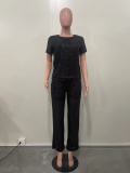 New Sequin Solid Color Short-sleeved Trousers Two-piece Suit