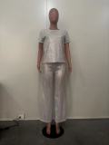 New Sequin Solid Color Short-sleeved Trousers Two-piece Suit