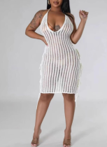 Sexy Waist Tie Hollow Beach Knit Sunscreen Bikini Cover Up Dress
