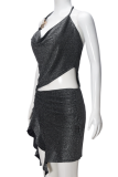 Spring And Summer Silver Silk Navel-Baring Irregular Suspender Dress