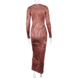Tight Round Neck Long Sleeve Printed Hip Dress