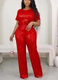 New Sequin Solid Color Short-sleeved Trousers Two-piece Suit