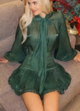 Fashion Bow Tie Top High Waist Shirred Skirt Set