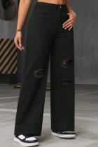 Black Wide-Leg Ripped Washed High-Waist Straight-Leg Denim Trousers
