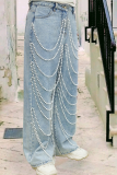 Beaded Jeans Washed High Waist Straight Jeans