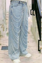 Beaded Jeans Washed High Waist Straight Jeans
