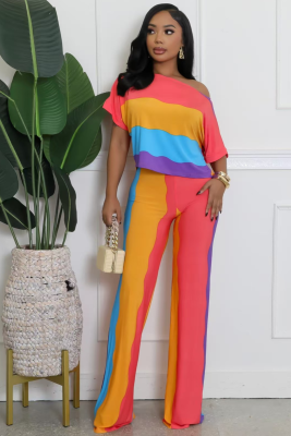 Contrast Color Plus Size Fashion Casual Wide Collar Short Sleeve Trousers Colorful Two Piece Suit