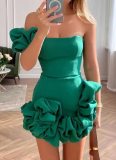 Sexy One Shoulder Ruffled Flower Bud Waist Dress