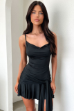 Black Summer Fashion Simple Sexy Solid Color Temperament Suspenders Slim Lace-Up Dress
