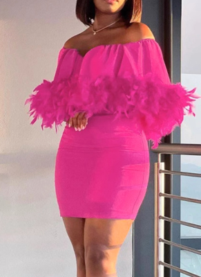 Sexy One-shoulder Feather Ruffle Elastic Hip-hugging Slim Dress