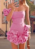 Sexy One Shoulder Ruffled Flower Bud Waist Dress