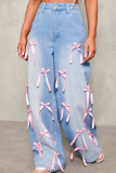 Bowknot High Waist Wide Leg Jeans Street Distressed Loose Denim Trousers