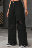 Black Wide-Leg Ripped Washed High-Waist Straight-Leg Denim Trousers