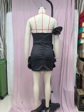 Sexy One Shoulder Ruffled Flower Bud Waist Dress