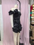 Sexy One Shoulder Ruffled Flower Bud Waist Dress