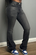 Grey Button-Down Split-Hem Denim Trousers