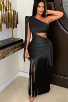 New Asymmetric One Shoulder Tassel Dress
