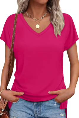 Solid Color V-Neck Short-Sleeved Slit Women'S T-Shirt