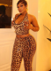 Fashion Slim Halter Neck Leopard Print Sequined Vest Cropped Pants Set