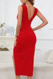 Summer New Fashion Deep V-Neck Slim Backless Slit Sexy Dress