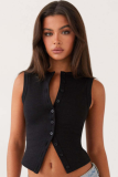 Slim Fit Short Ribbed Sleeveless Buttoned Vest