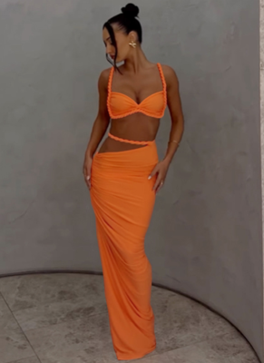 Sexy Solid Color Backless Small Camisole Hip Skirt Suit