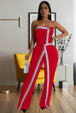 Sexy Tube Top Stitching Open Back Button Jumpsuit