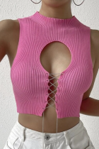 Pink Sexy Hot Girl Hollow Strap Solid Color Slim Fit Knitted Vest