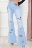 Light Blue Fashionable And Versatile Slim Fit Butterfly Wide-Leg Ripped High-Elastic Flared Pants