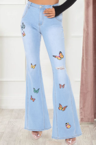 Light Blue Fashionable And Versatile Slim Fit Butterfly Wide-Leg Ripped High-Elastic Flared Pants