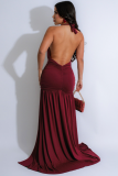 Temperament Halterneck V-Neck Long Skirt Sexy Slit Pleated Backless Dress