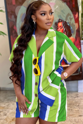 Green Summer Casual Striped Shirt Shorts Holiday Style Two-Piece Suit