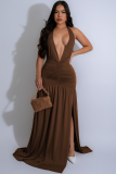 Temperament Halterneck V-Neck Long Skirt Sexy Slit Pleated Backless Dress