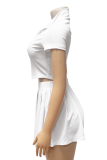 Summer Fashion Ribbed Knit Zipper Solid Color Lapel Top Pleated Short Skirt Two-piece Set