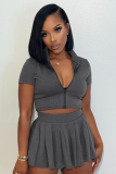 Summer Fashion Ribbed Knit Zipper Solid Color Lapel Top Pleated Short Skirt Two-piece Set