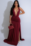 Temperament Halterneck V-Neck Long Skirt Sexy Slit Pleated Backless Dress
