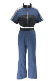 Denim Patchwork Stand Collar Zipper Top Wide Leg Pants Two Piece Set