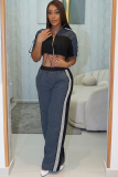 Denim Patchwork Stand Collar Zipper Top Wide Leg Pants Two Piece Set