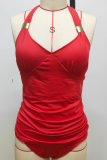 Solid Color Halter Neck Split V-Neck Strappy Two-Piece Swimsuit With Shorts
