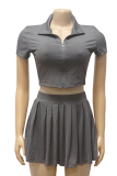 Summer Fashion Ribbed Knit Zipper Solid Color Lapel Top Pleated Short Skirt Two-piece Set