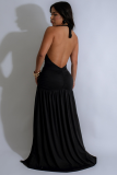 Temperament Halterneck V-Neck Long Skirt Sexy Slit Pleated Backless Dress