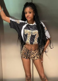 Loose Casual Contrast Color Leopard Print Short Sleeve Top