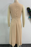 Khaki Elegant Stand Collar Sleeveless Button-Decorated Dress