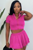 Summer Fashion Ribbed Knit Zipper Solid Color Lapel Top Pleated Short Skirt Two-piece Set