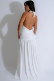 Temperament Halterneck V-Neck Long Skirt Sexy Slit Pleated Backless Dress